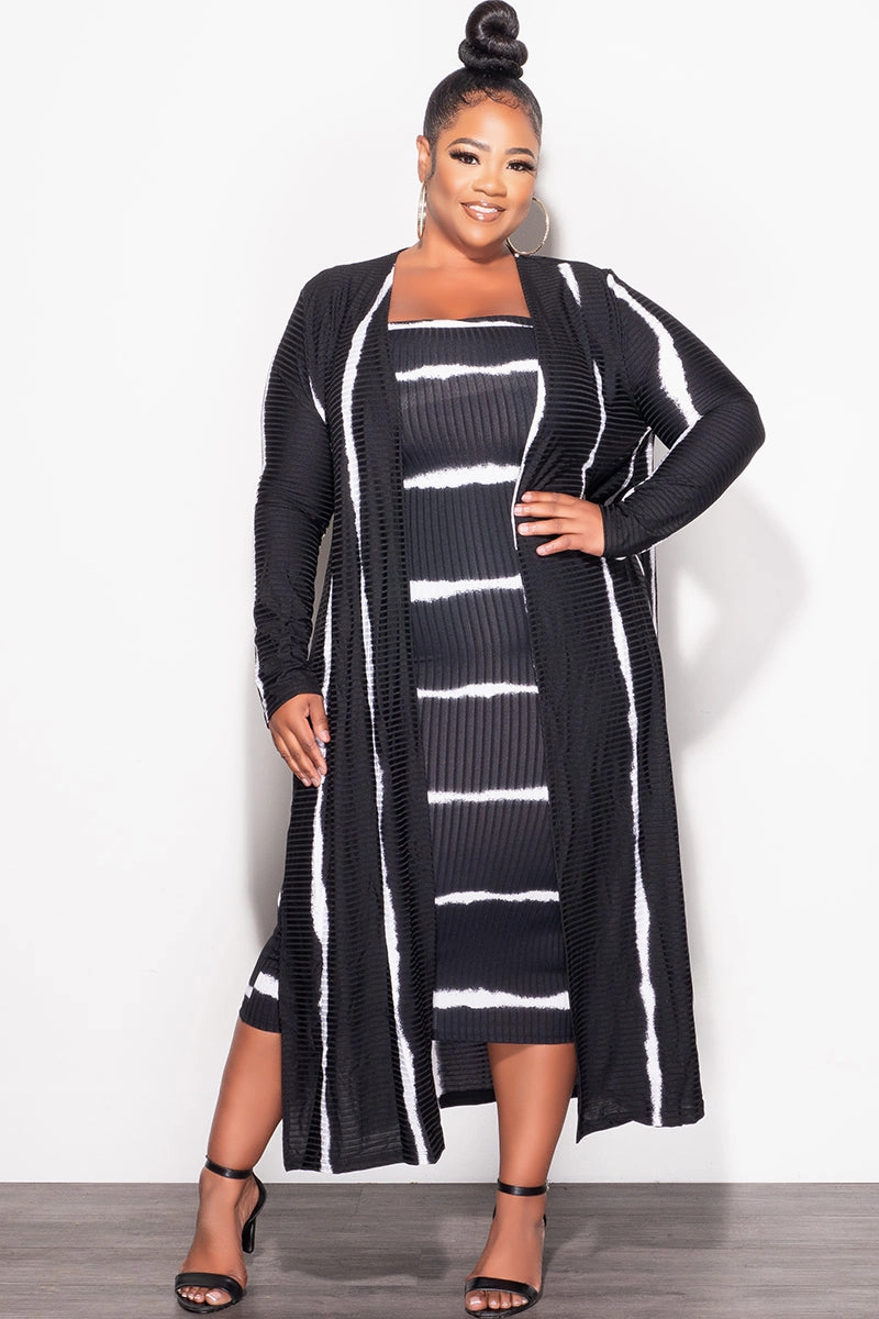 Final Sale Plus Size Ribbed 2pc Set Tube Dress With Duster in Black and Ivory Tie Dye Print SoftCottonBlend