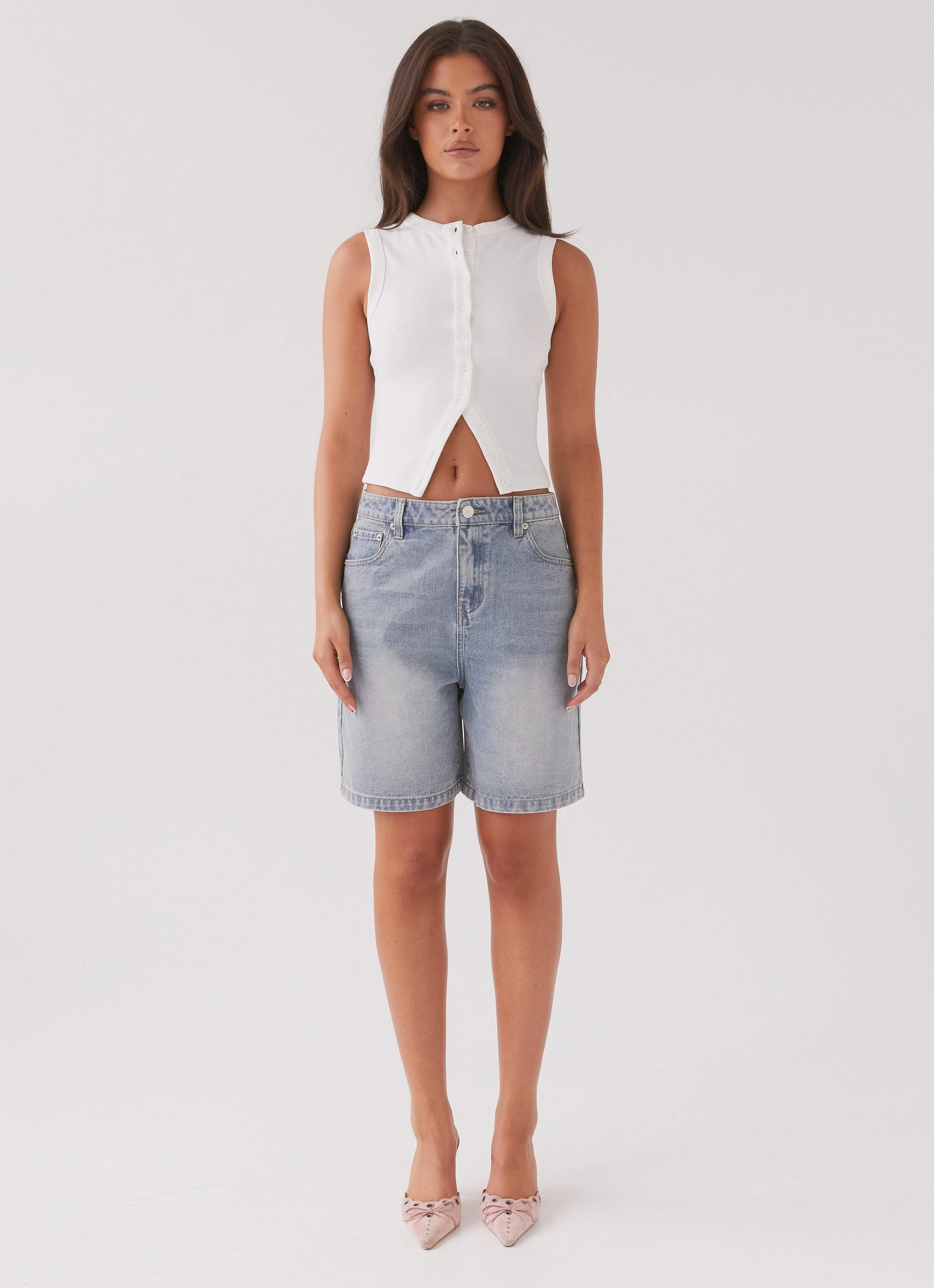 Blair Buttoned Tank Top - White WideNeckline