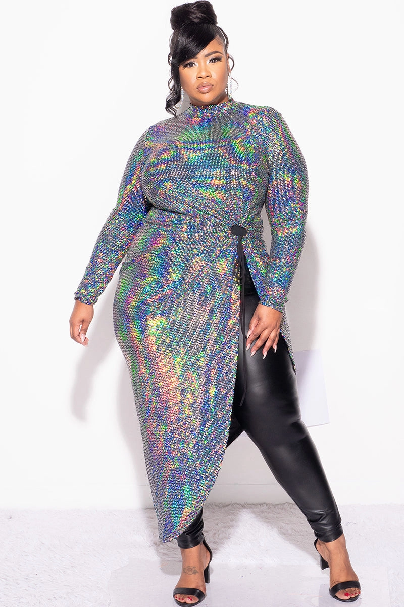 Final Sale Plus Size Faux Sequin Hologram Top in Silver LayeredCollar VentilatedArmholes