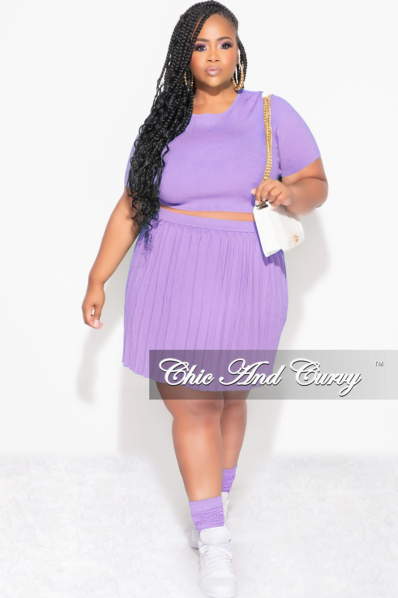 Active Layer SlimFit Final Sale Plus Size 2pc Short Sleeve Top and Pleated Skirt Set in Lavender