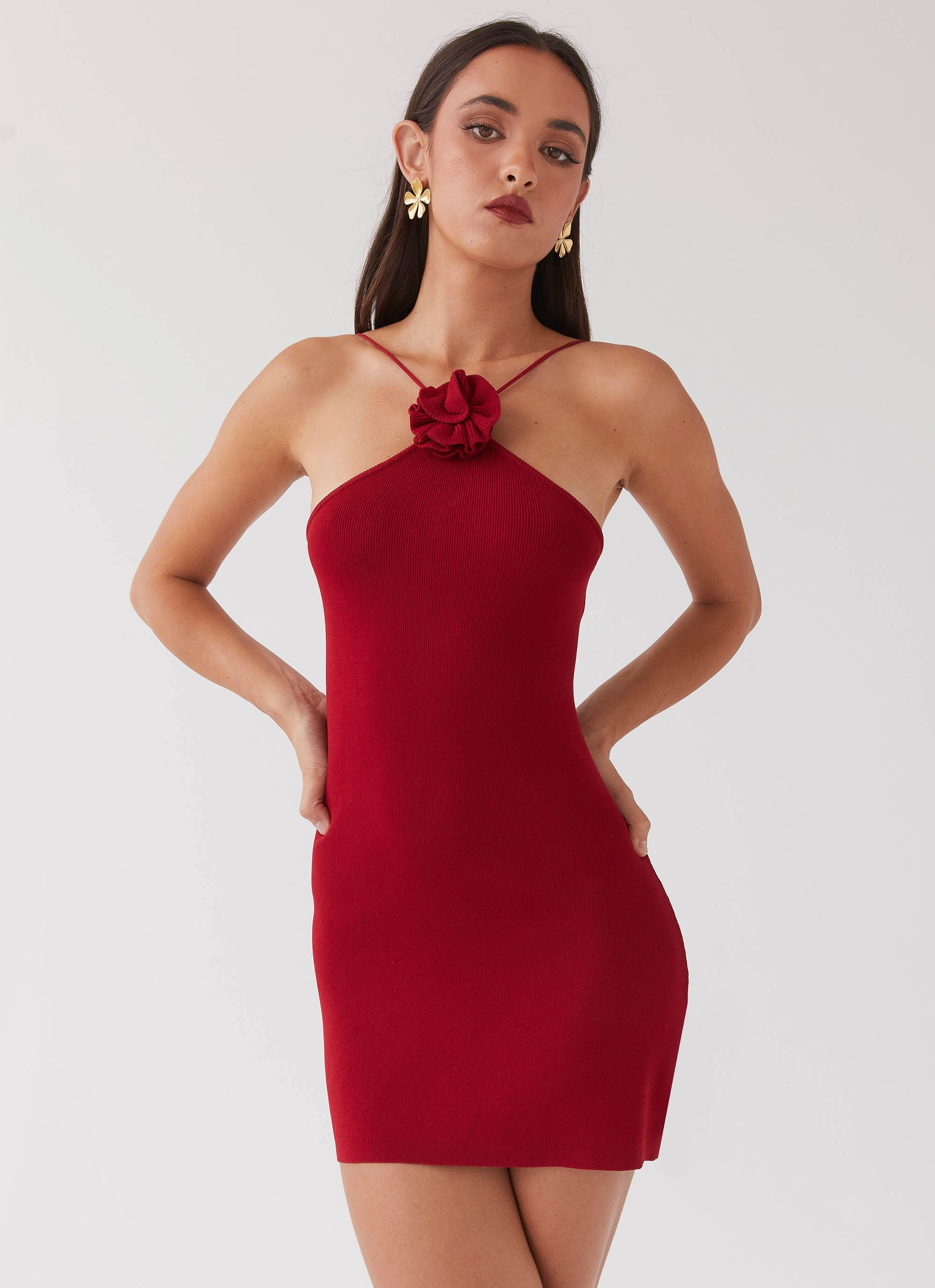 Elegant holiday wear Delphi Rose Knit Mini Dress - Rouge Red