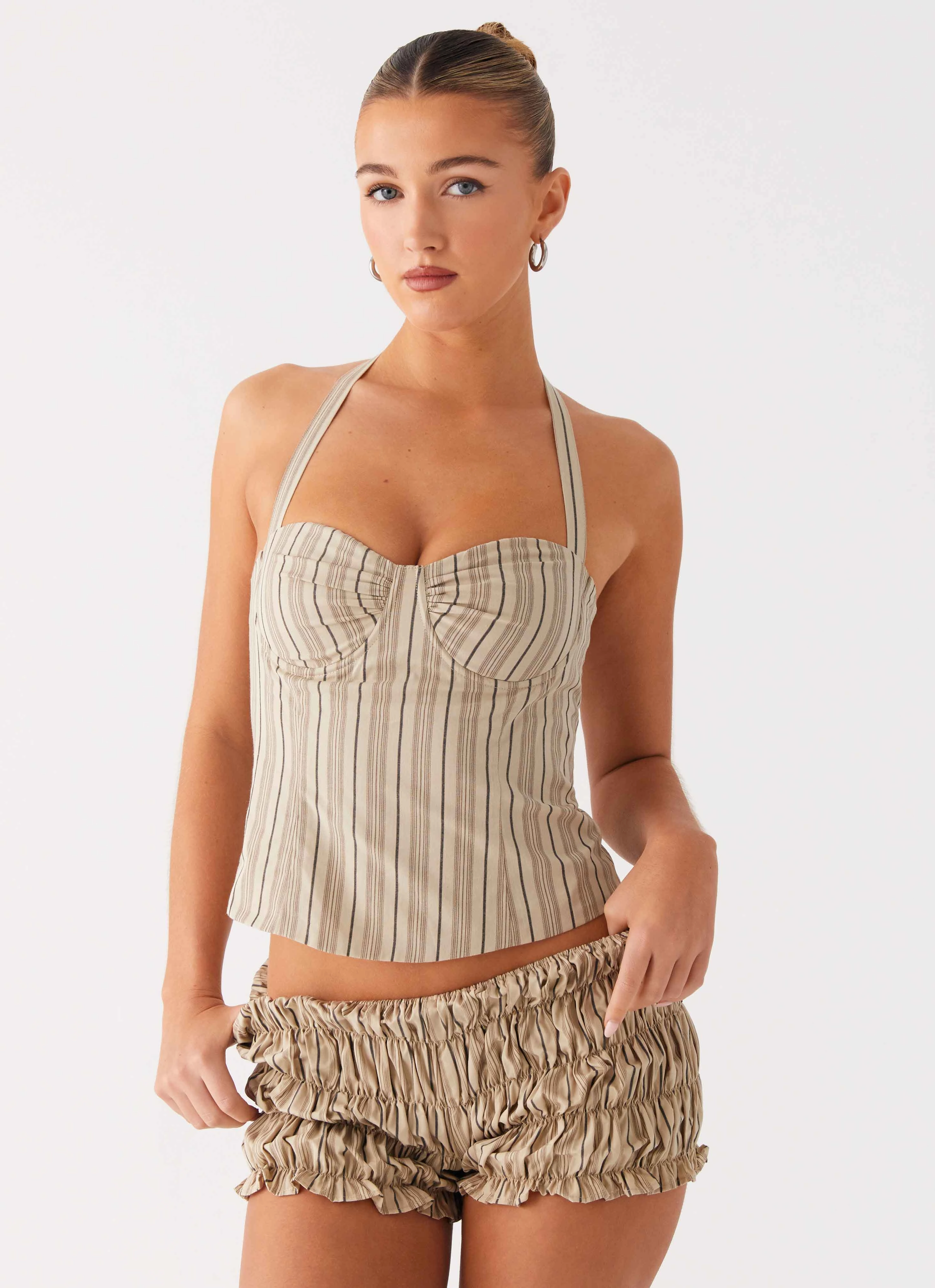 Brushed Inner Layer Cold Weather Cheryl Bustier Halter Top - Oatmeal Stripe