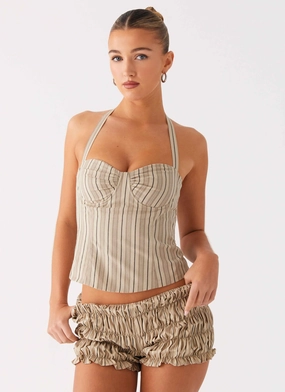 Brushed Inner Layer Cold Weather Cheryl Bustier Halter Top - Oatmeal Stripe