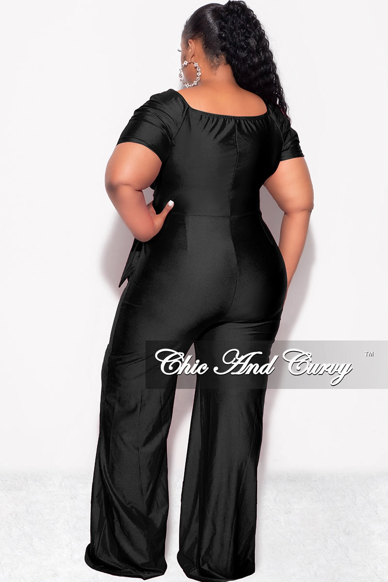 WrinkleResistant Final Sale Plus Size Shiny Jumpsuit with Ruched Sleeves in Black