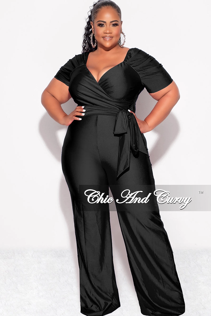 QuickDry Technology Durable Binding Final Sale Plus Size Shiny Jumpsuit with Ruched Sleeves in Black