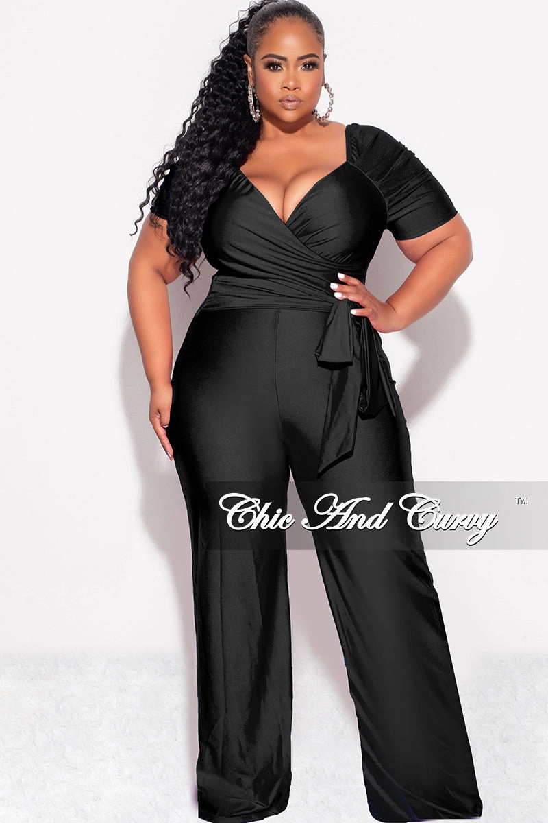 Final Sale Plus Size Shiny Jumpsuit with Ruched Sleeves in Black Breathable back panel Hypoallergenic Fiber