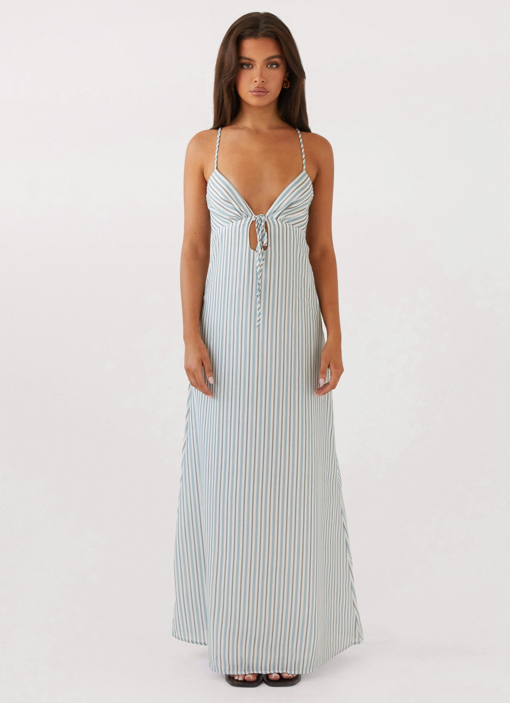 Elastic-Cuff Hand-Wash Flora Linen Maxi Dress - Blue Choc Stripe