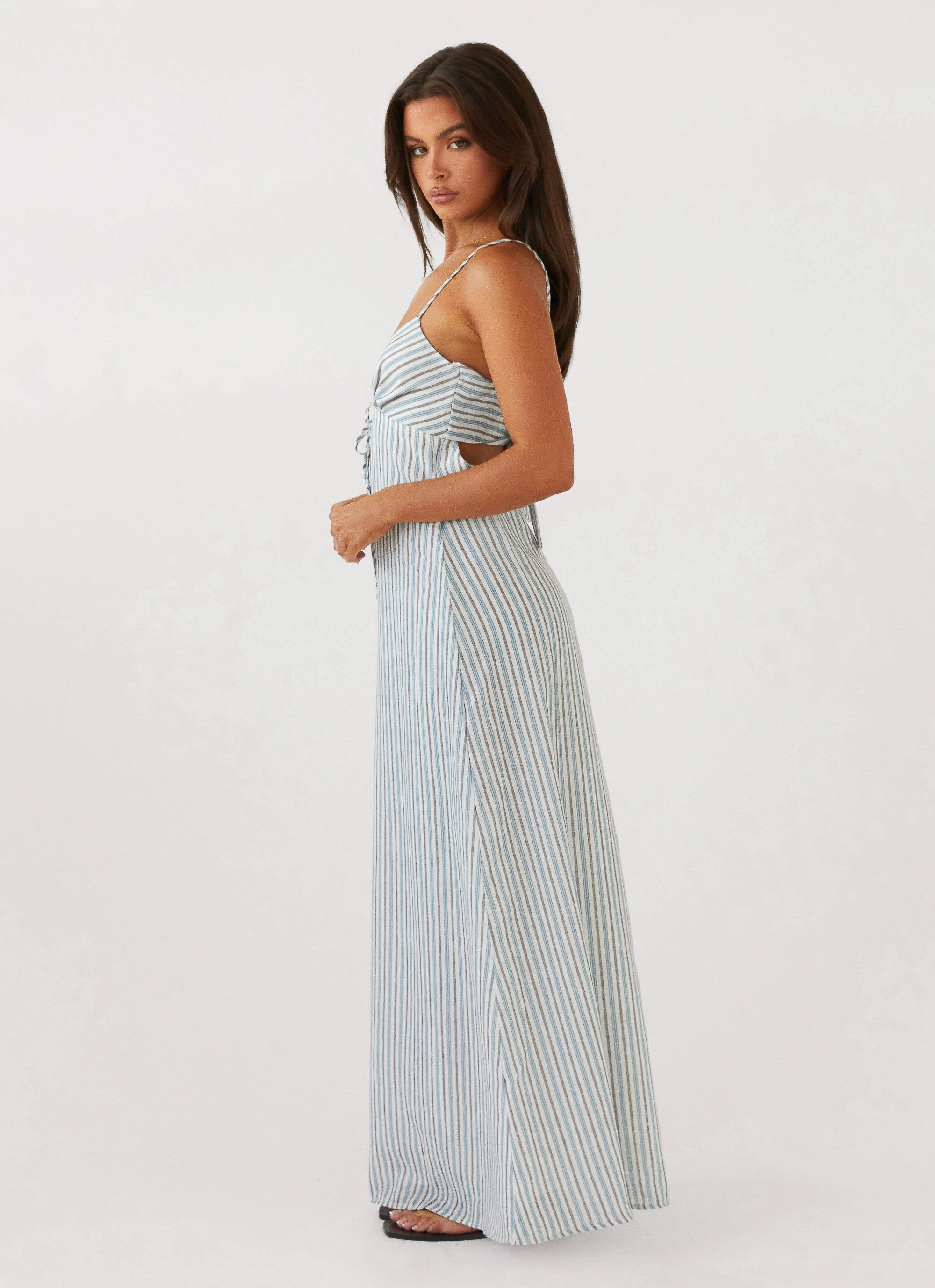 Flora Linen Maxi Dress - Blue Choc Stripe Flared-Hem