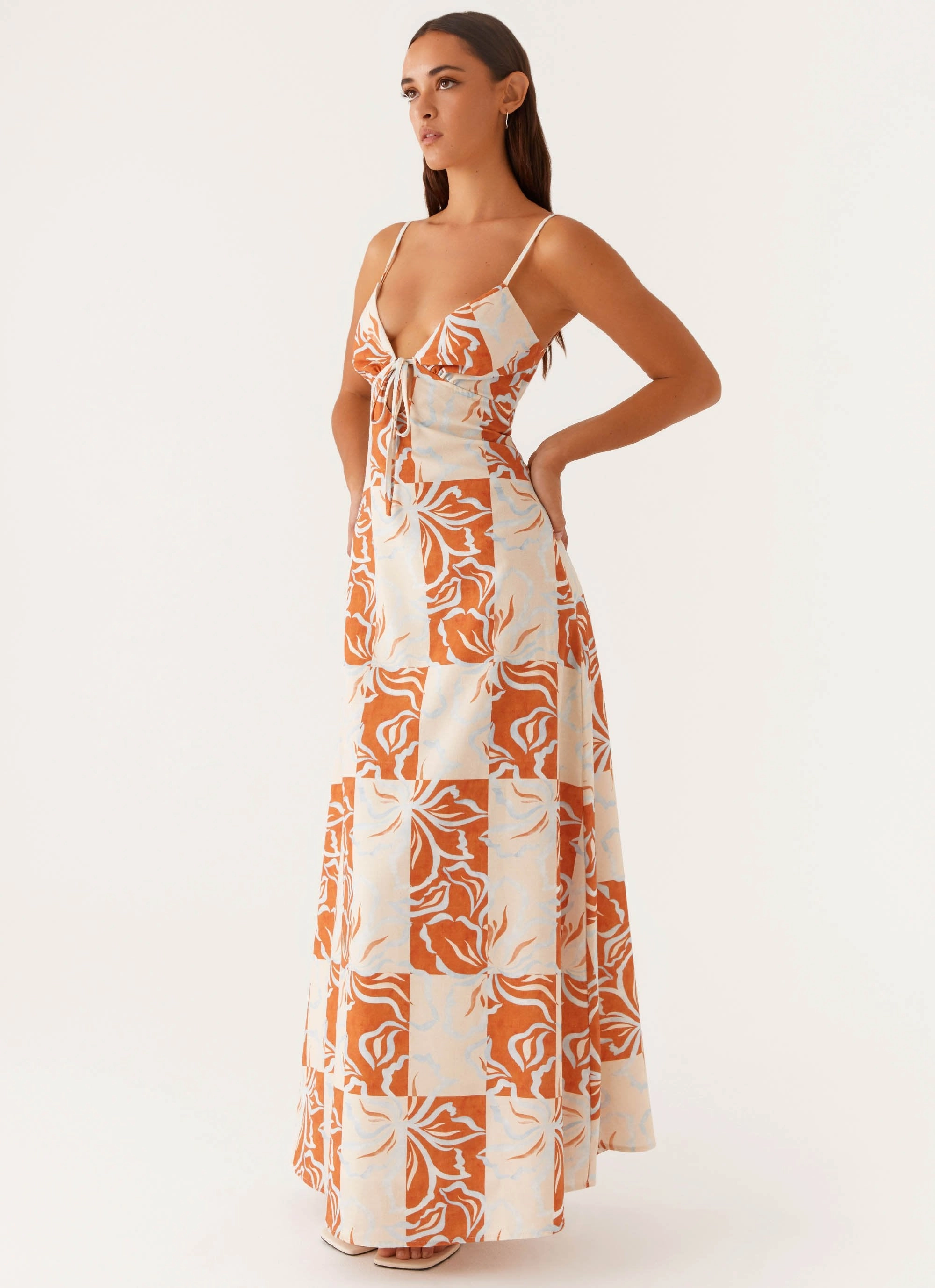 Match Quick Flora Linen Maxi Dress - Orange Blue Floral