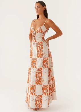 Match Quick Flora Linen Maxi Dress - Orange Blue Floral
