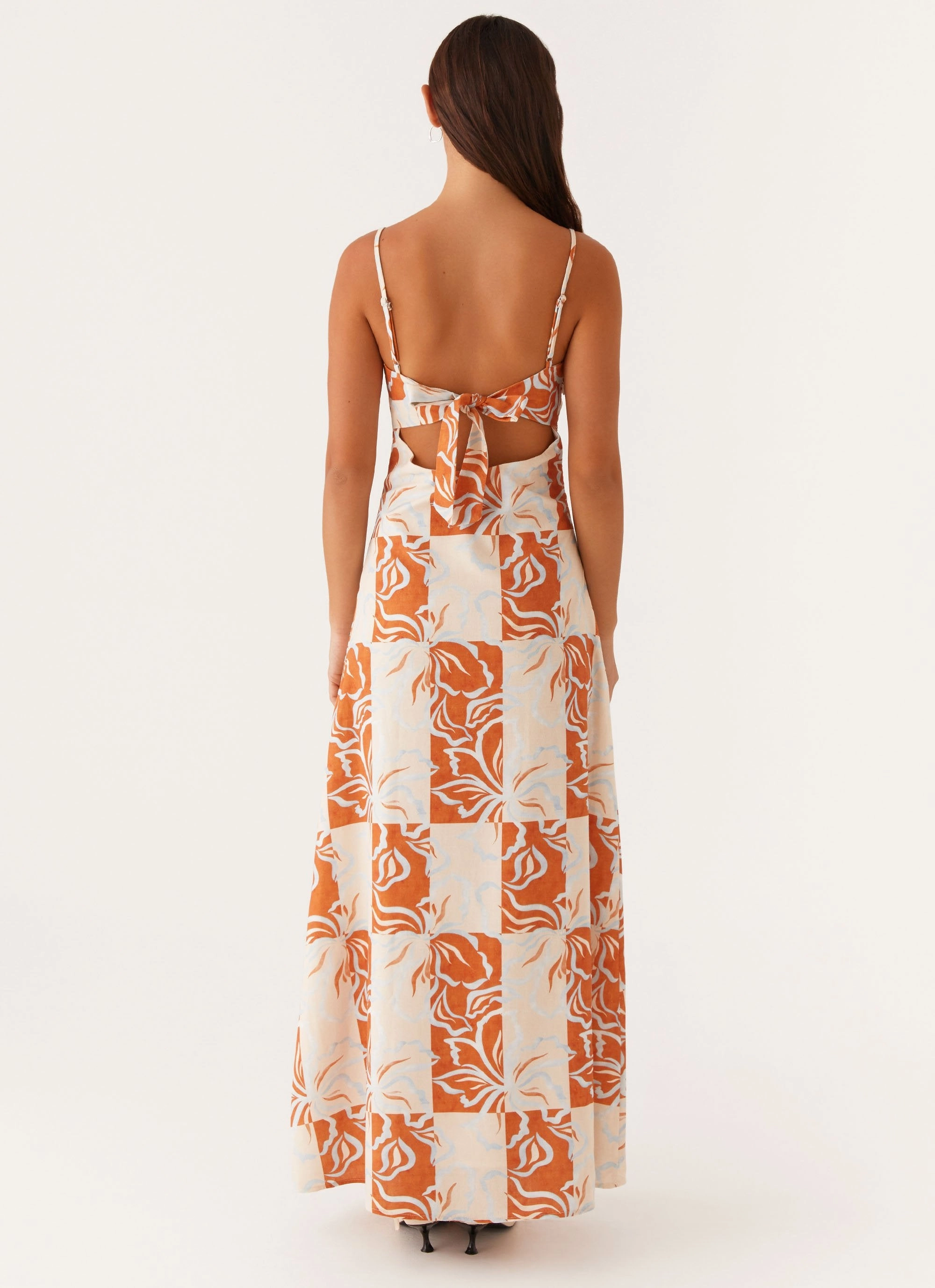 Modern Design Flora Linen Maxi Dress - Orange Blue Floral