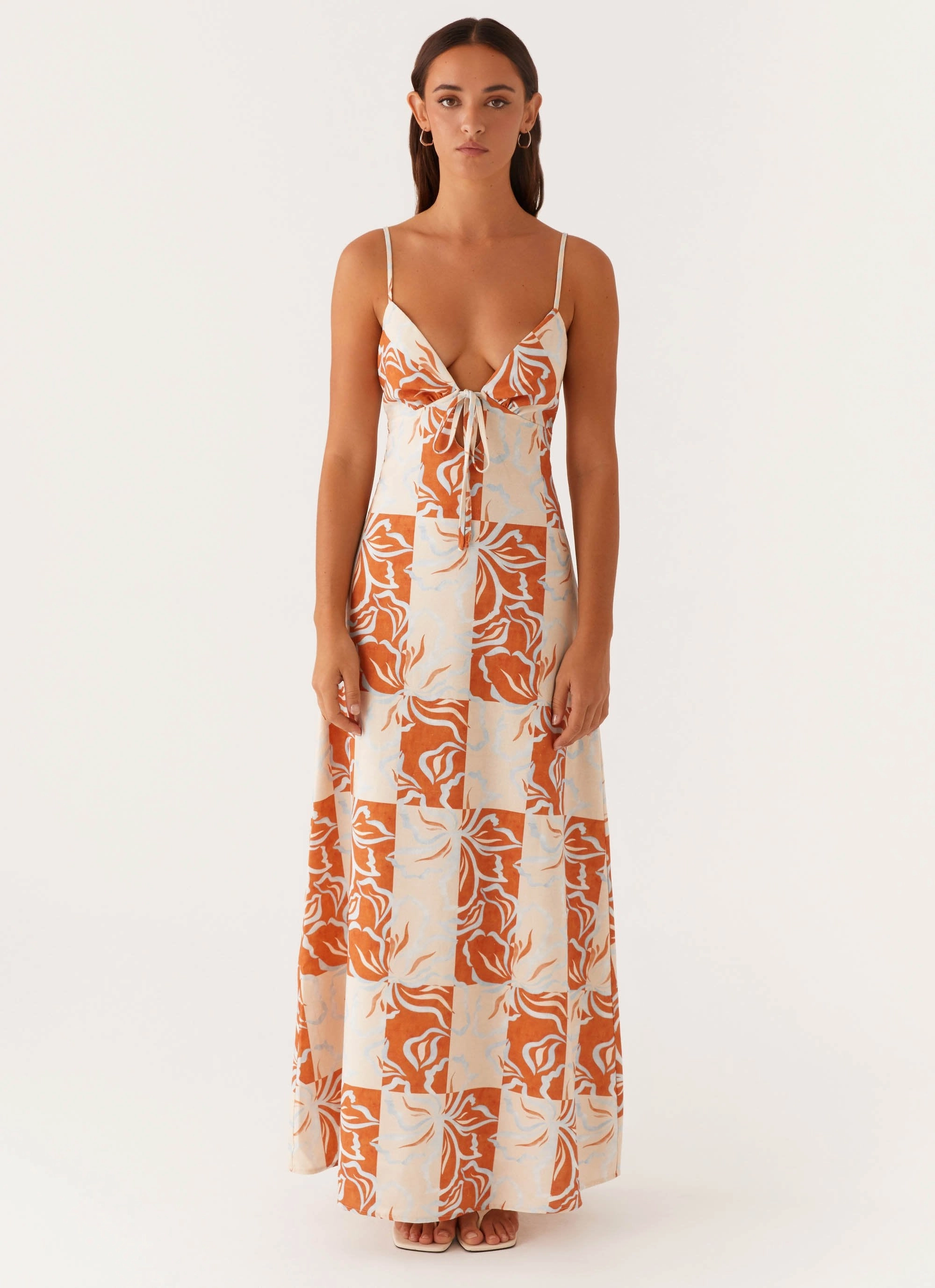 Flora Linen Maxi Dress - Orange Blue Floral Sleek Form