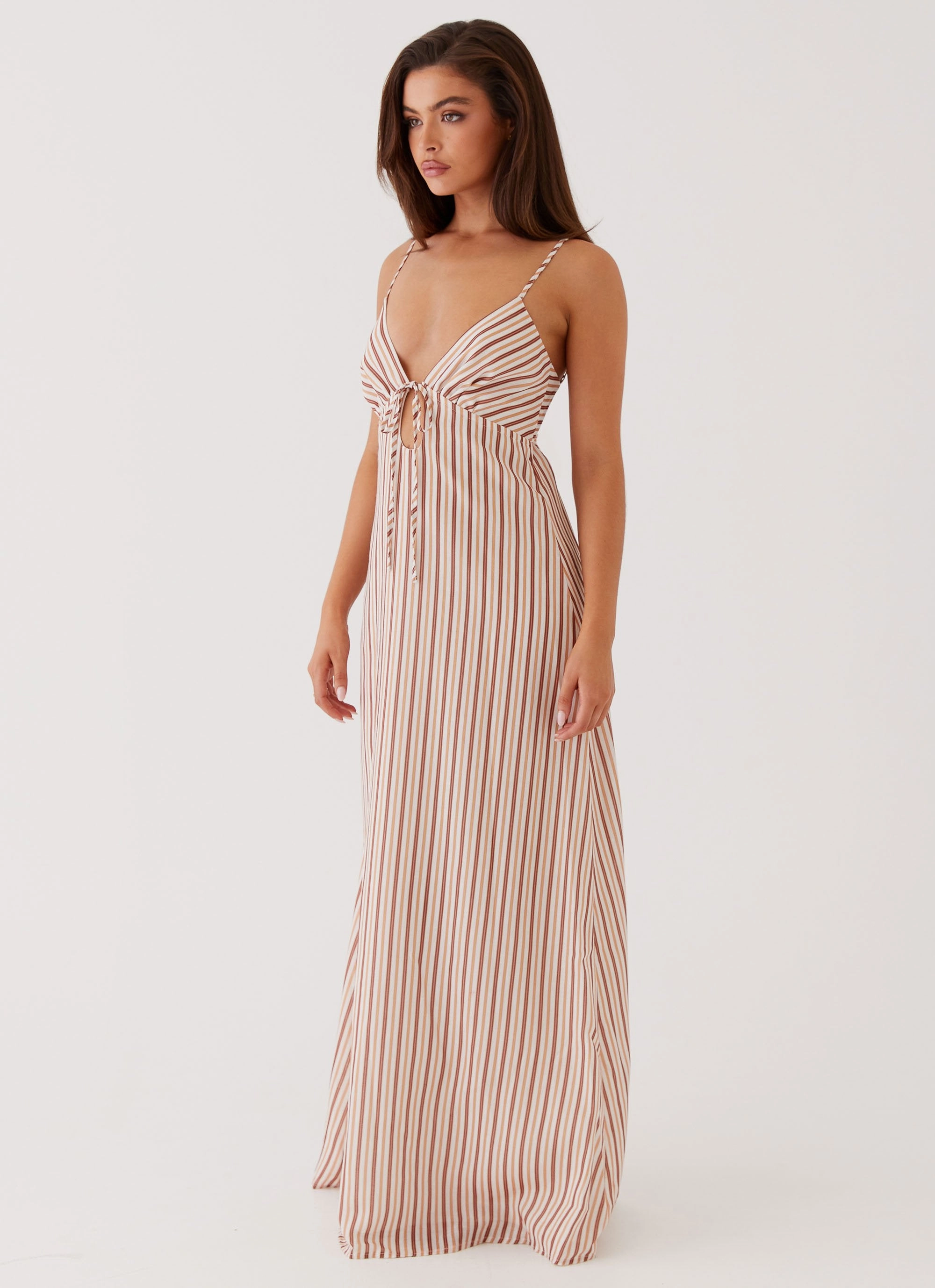 Fold-Over-Detail Sleek And Stylish Flora Linen Maxi Dress - Passionfruit Stripe