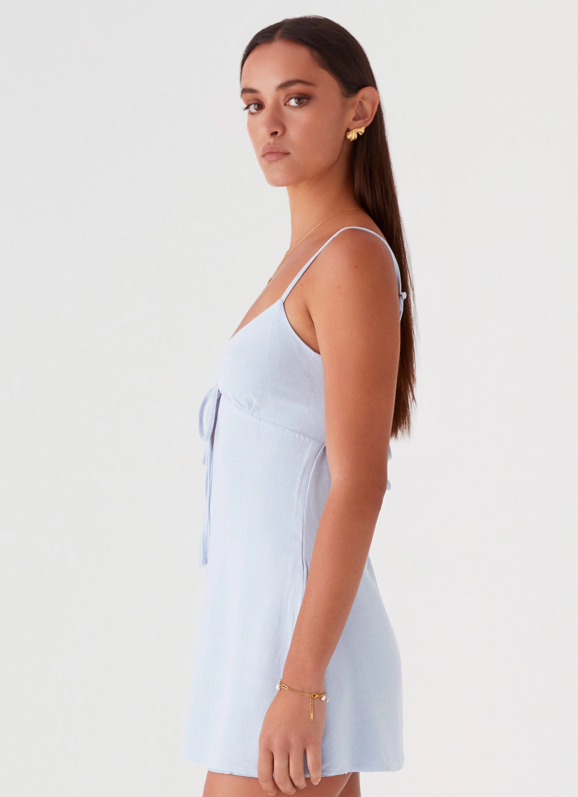 Flora Linen Mini Dress - Baby Blue Zip Closure Urban Motion