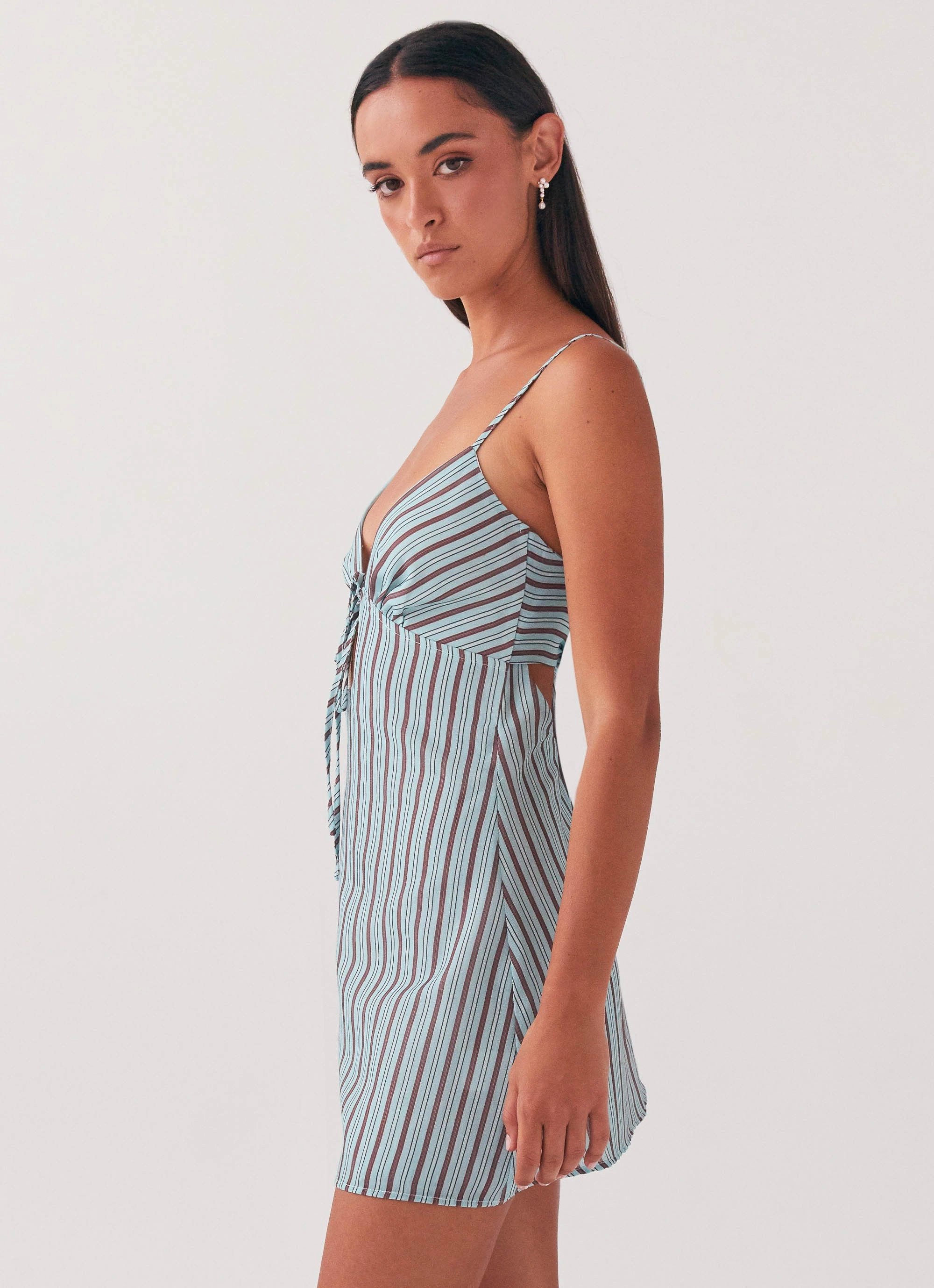 Flora Linen Mini Dress - Coastal Stripe bold appearance Shape Hug