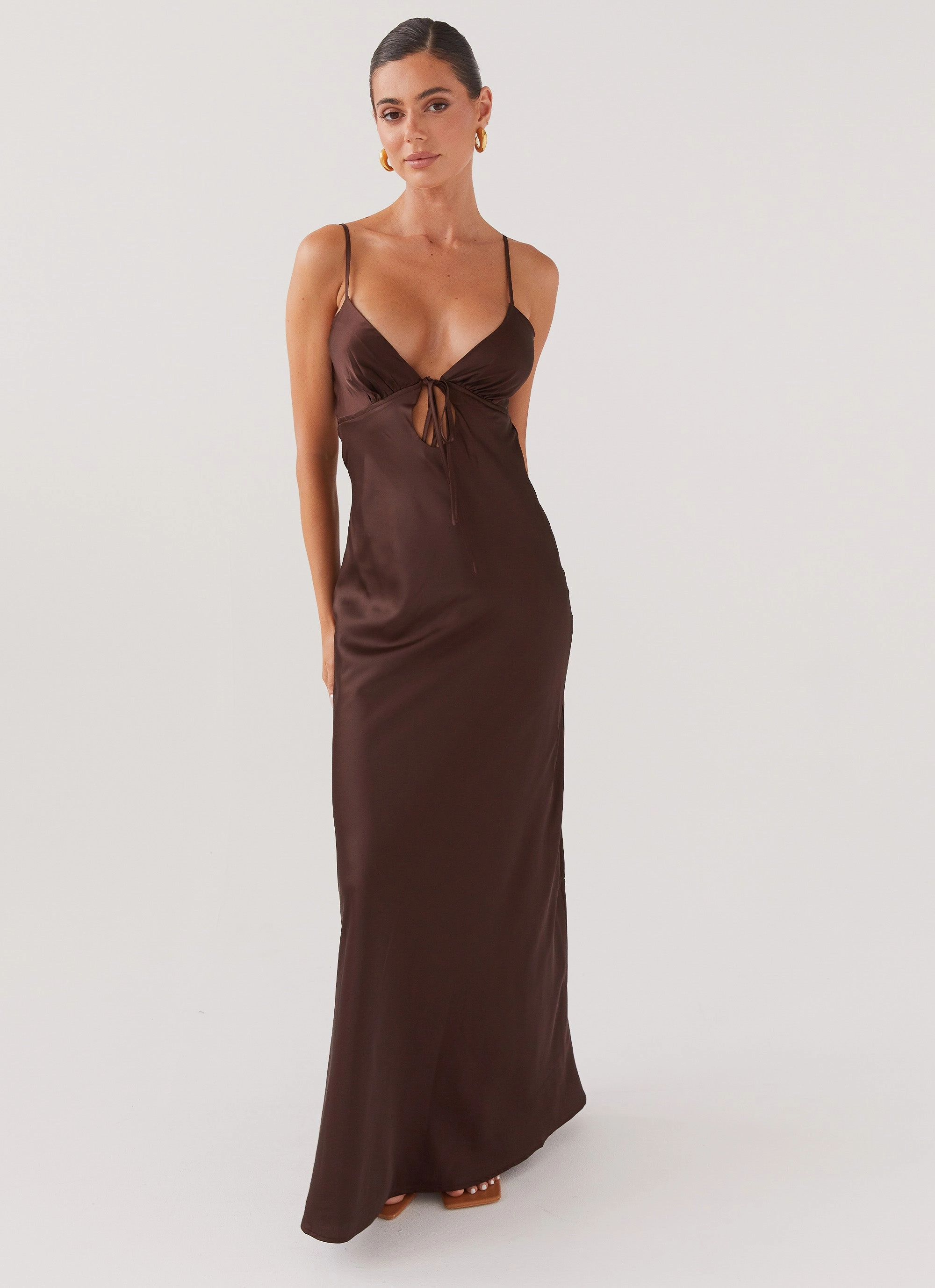 Flora Satin Maxi Dress - Chocolate elegant design Soft and Light