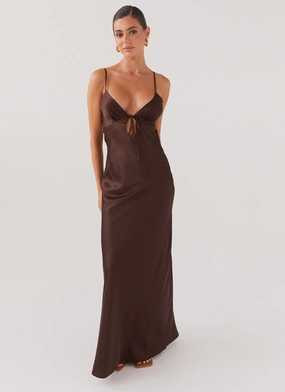 Flora Satin Maxi Dress - Chocolate elegant design Soft and Light