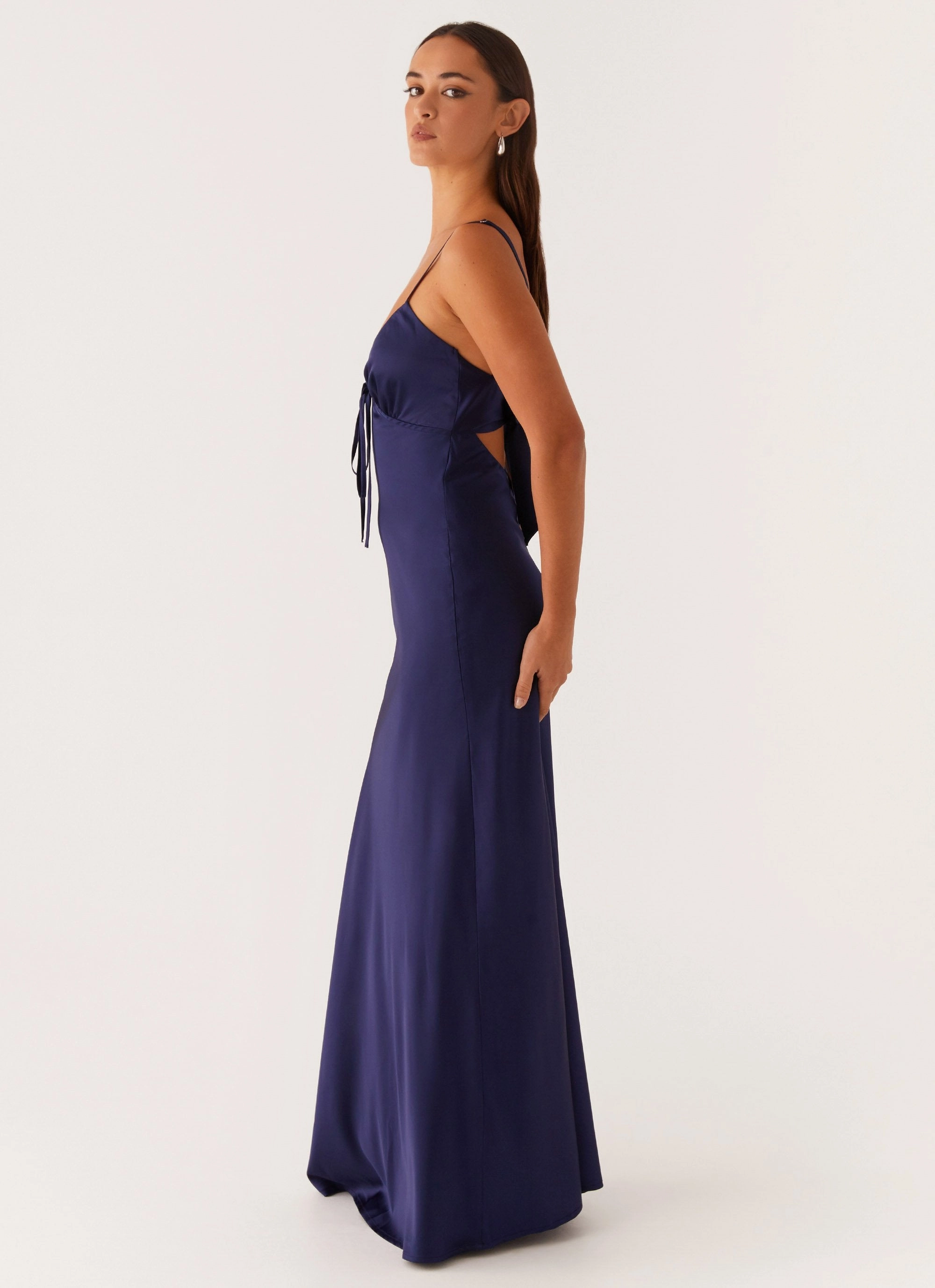 Flora Satin Maxi Dress - Navy Wide Swing Back-Pocket