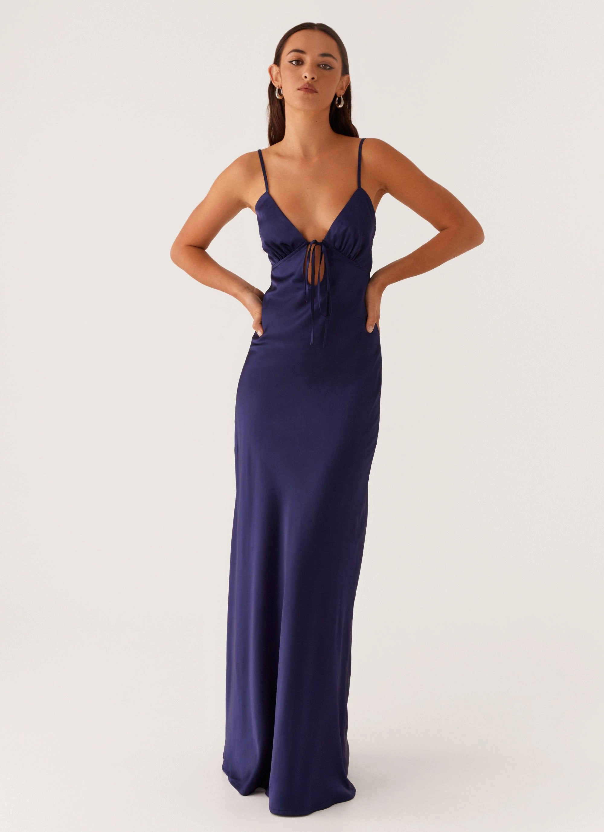 Flora Satin Maxi Dress - Navy Halter-Neck FlexibleClosure