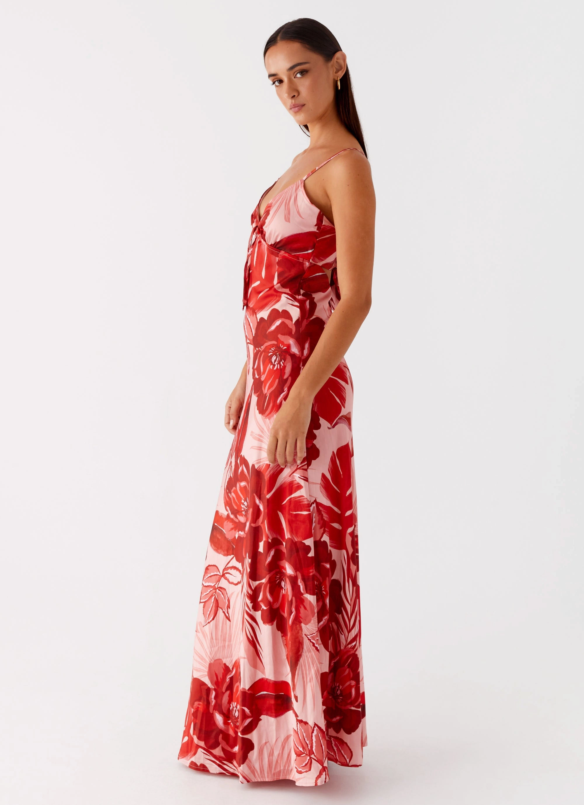 Flora Satin Maxi Dress - Sicily Sunsets Print Breezy Fit Scalloped-Edge