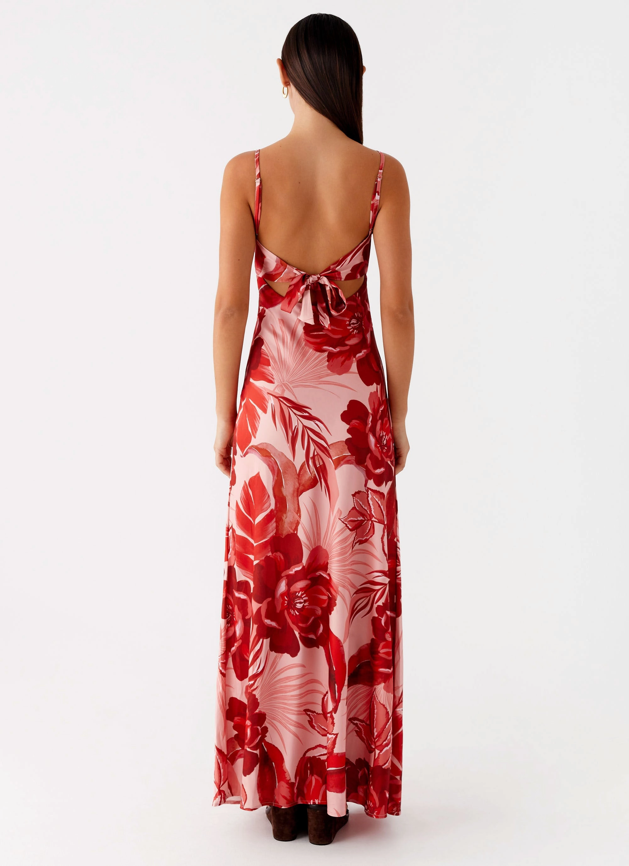 Sophisticated Line Work Chic Flora Satin Maxi Dress - Sicily Sunsets Print