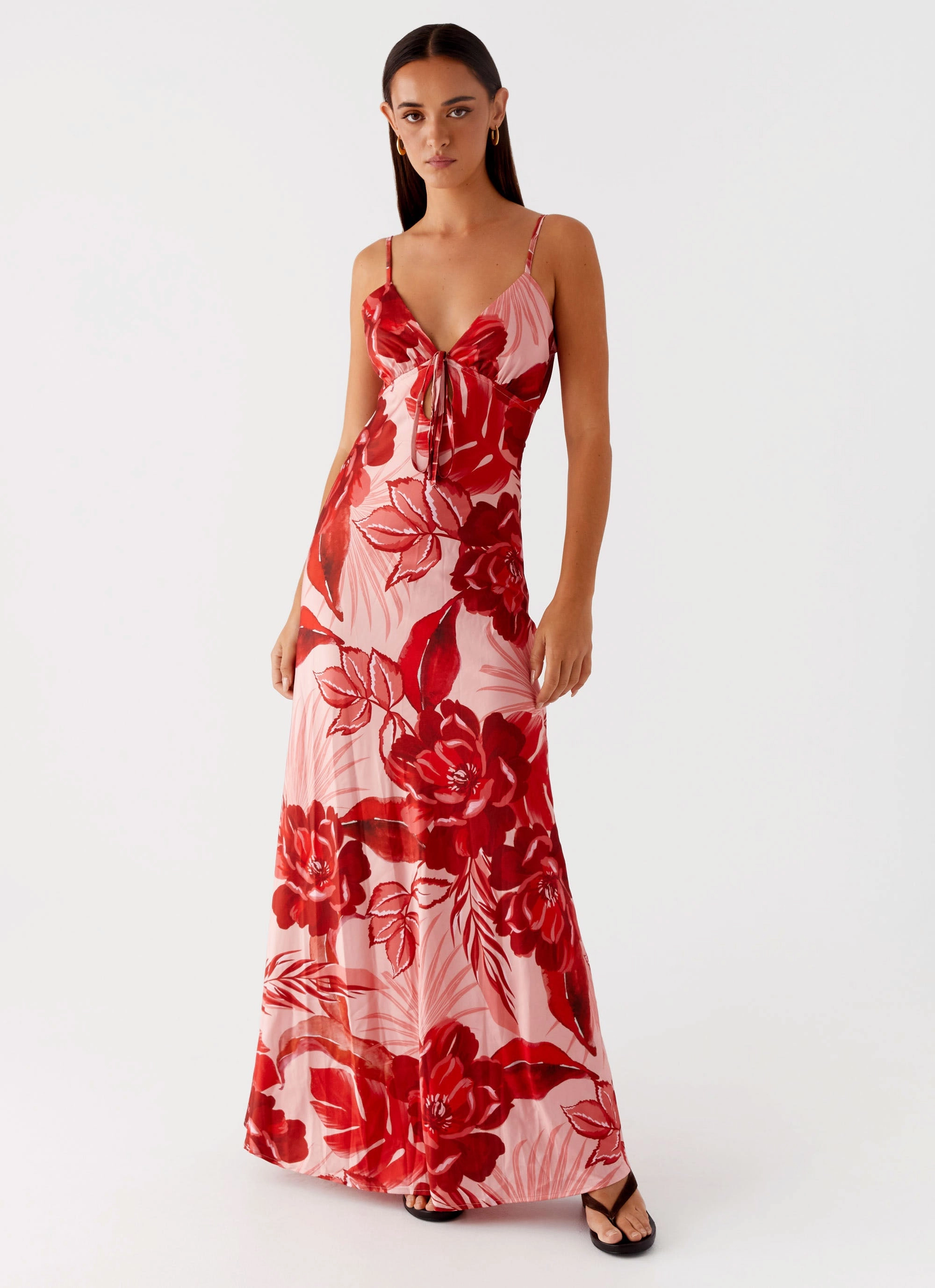 Comfy and Chic Flora Satin Maxi Dress - Sicily Sunsets Print