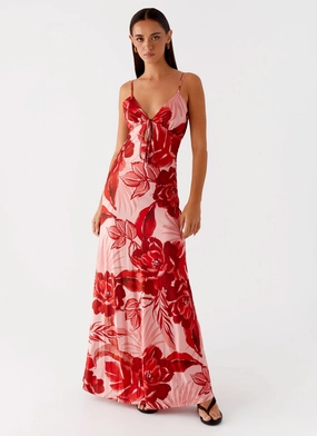 Comfy and Chic Flora Satin Maxi Dress - Sicily Sunsets Print