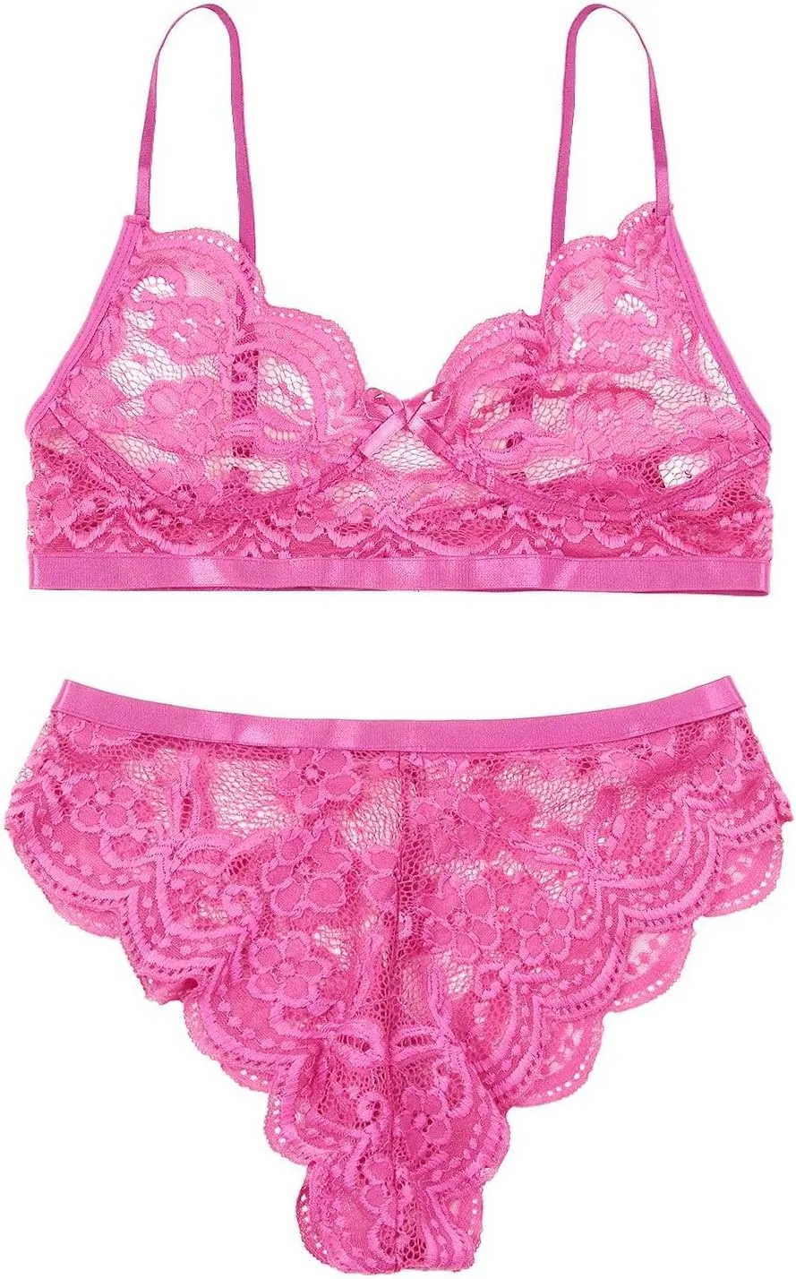 Floral Lace Bra and Panty Set for Women Mesh Sheer Speghetti Strap Lingerie See Through Sleepwear Boudoir Outfits Hot Pink