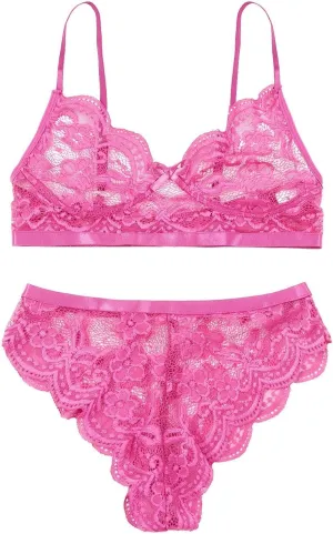 Floral Lace Bra and Panty Set for Women Mesh Sheer Speghetti Strap Lingerie See Through Sleepwear Boudoir Outfits Hot Pink