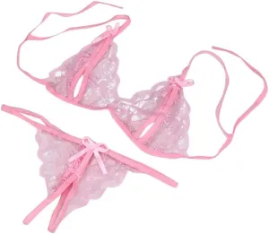 Floral Lace Bra and Panty Set for Women Sexy Mesh Sheer Lingeries Bow knot See Through G-String Attraction Outfits