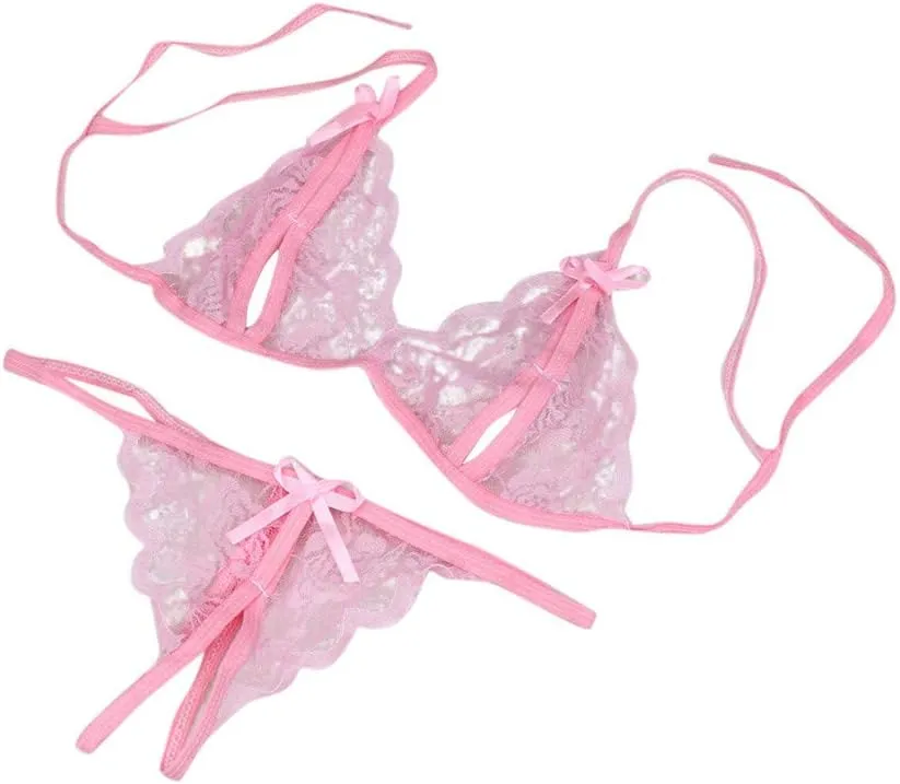 Floral Lace Bra and Panty Set for Women Sexy Mesh Sheer Lingeries Bow knot See Through G-String Attraction Outfits