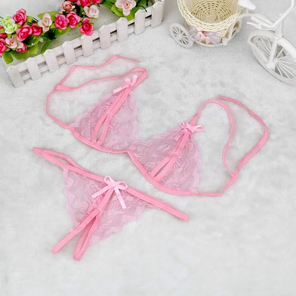 Floral Lace Bra and Panty Set for Women Sexy Mesh Sheer Lingeries Bow knot See Through G-String Attraction Outfits