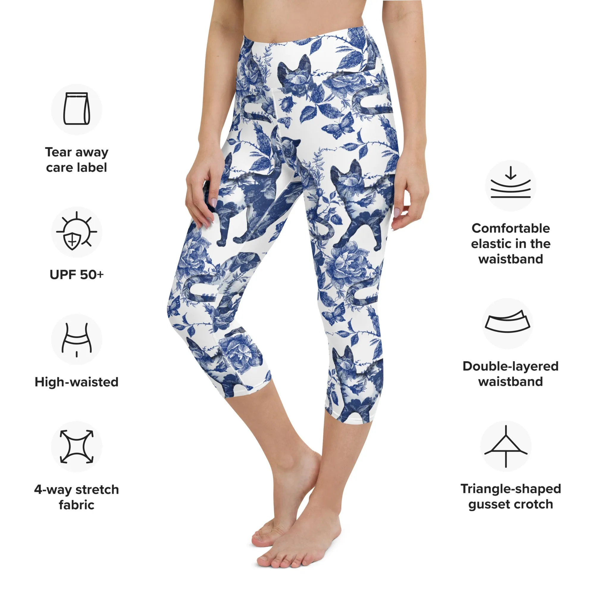 Floral Porcelain Cats Yoga Capris