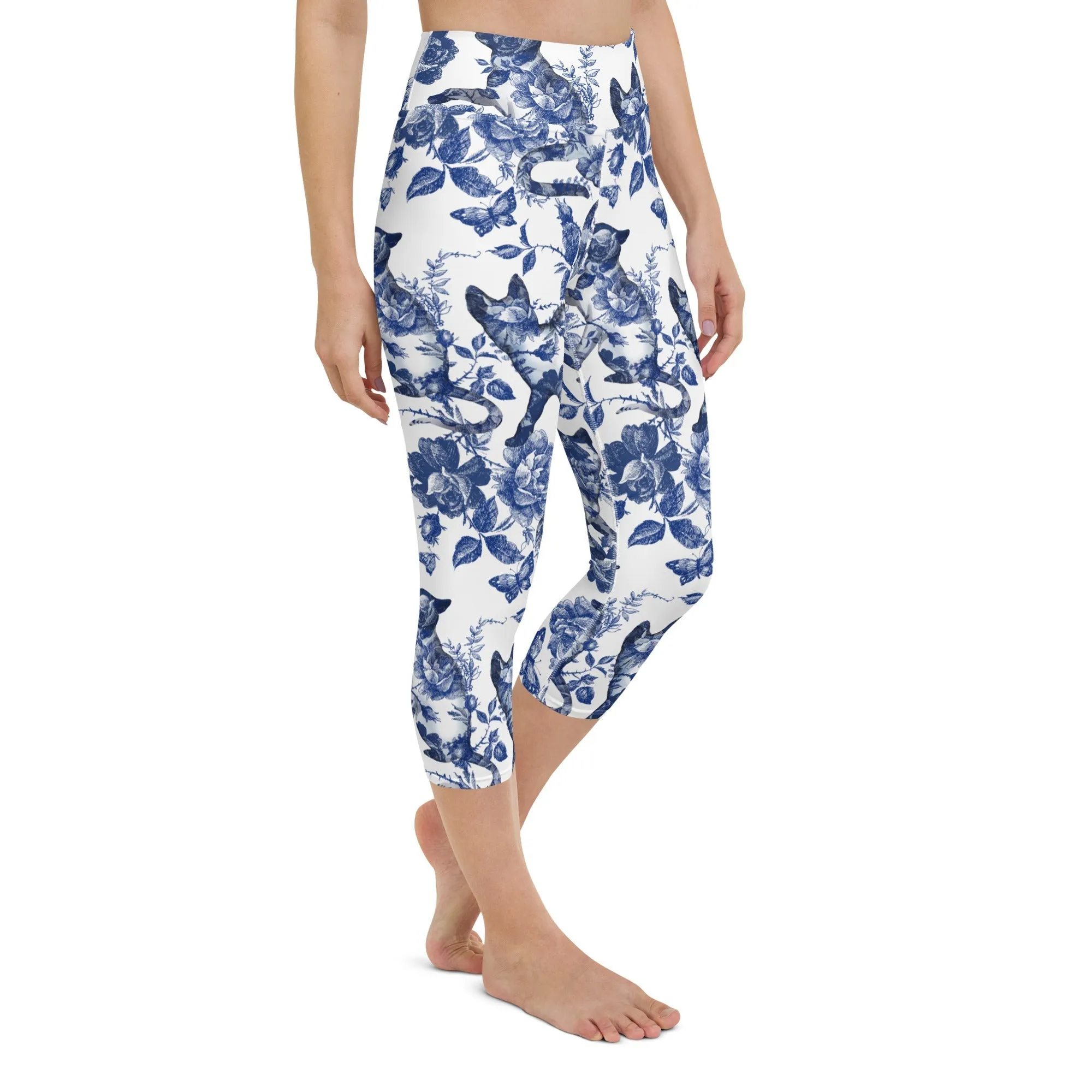 Floral Porcelain Cats Yoga Capris