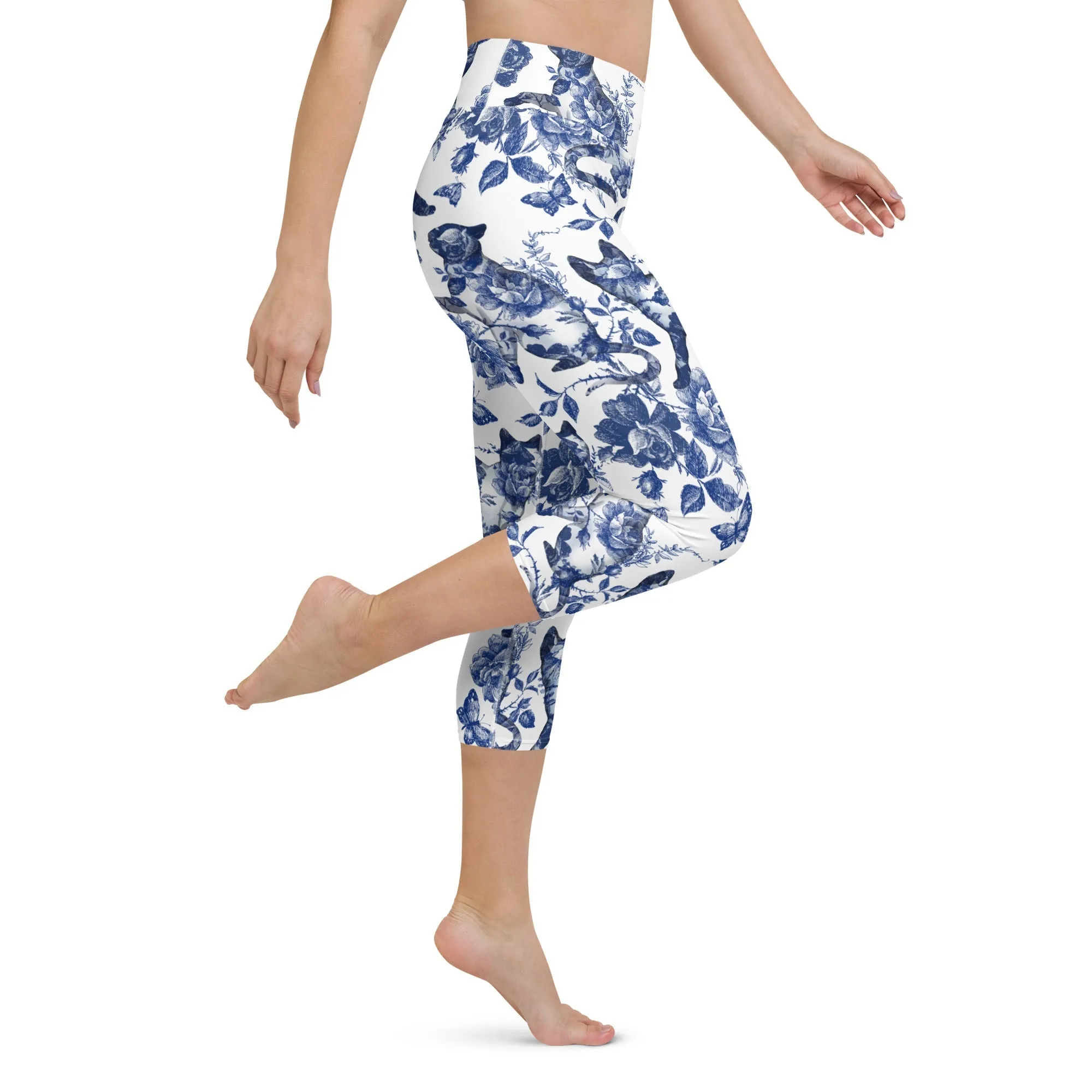 Floral Porcelain Cats Yoga Capris