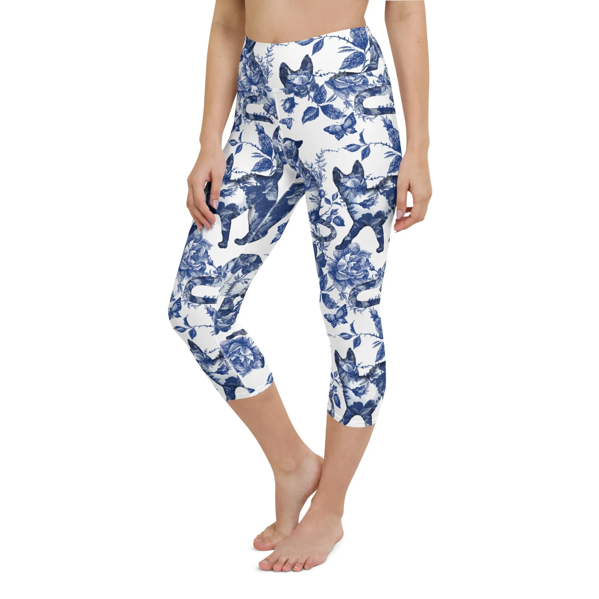 Floral Porcelain Cats Yoga Capris