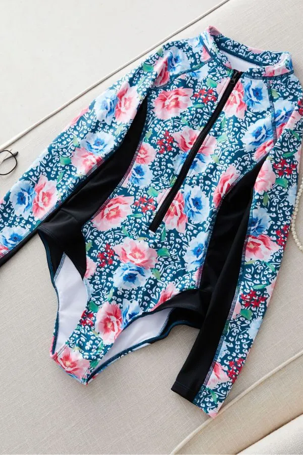 Floral Print Long Sleeve Zip UPF50  Rash Guard