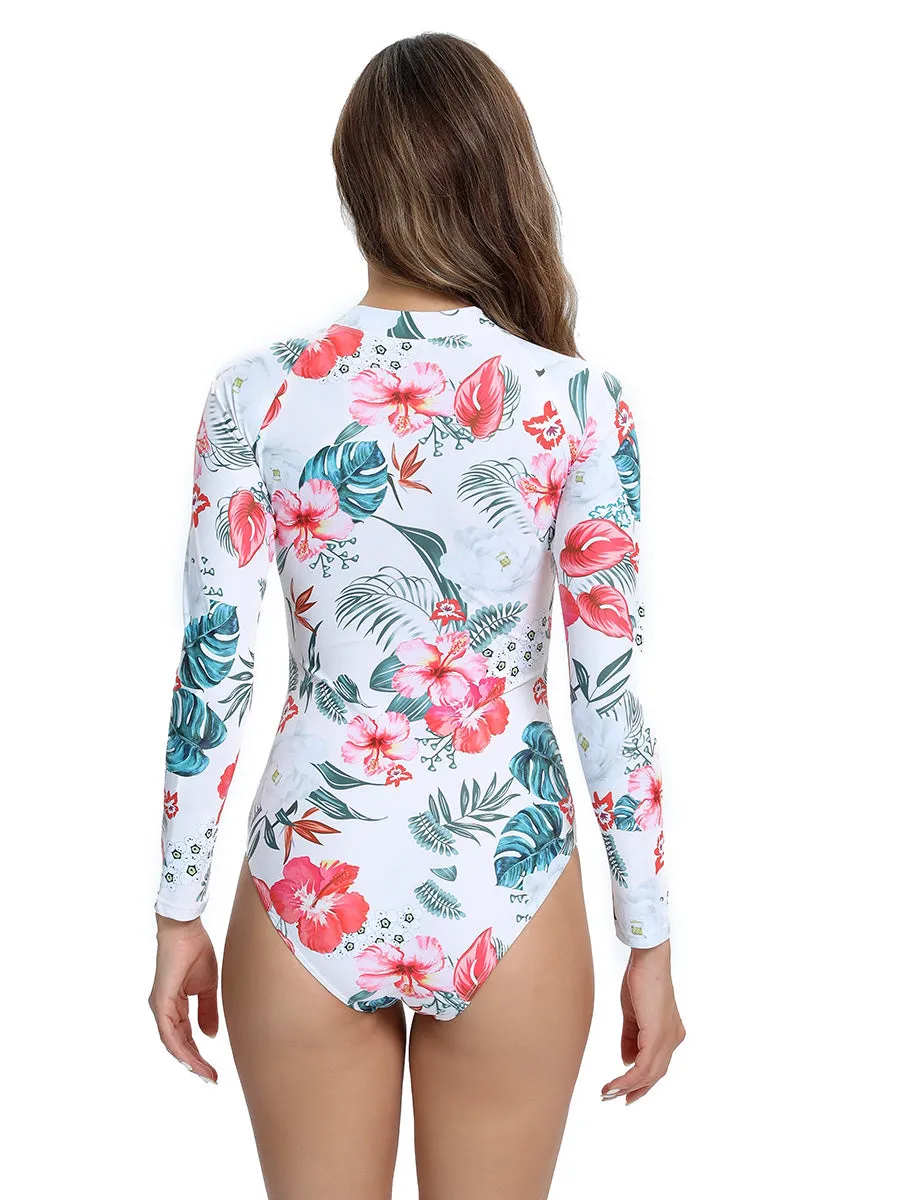 Floral print one-piece zippered long-sleeve swimsuit UPF50  Rash Guard