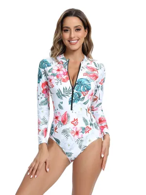 Floral print one-piece zippered long-sleeve swimsuit UPF50  Rash Guard