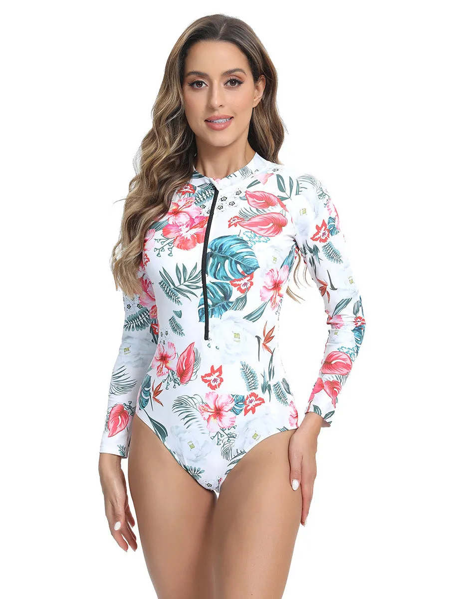 Floral print one-piece zippered long-sleeve swimsuit UPF50  Rash Guard