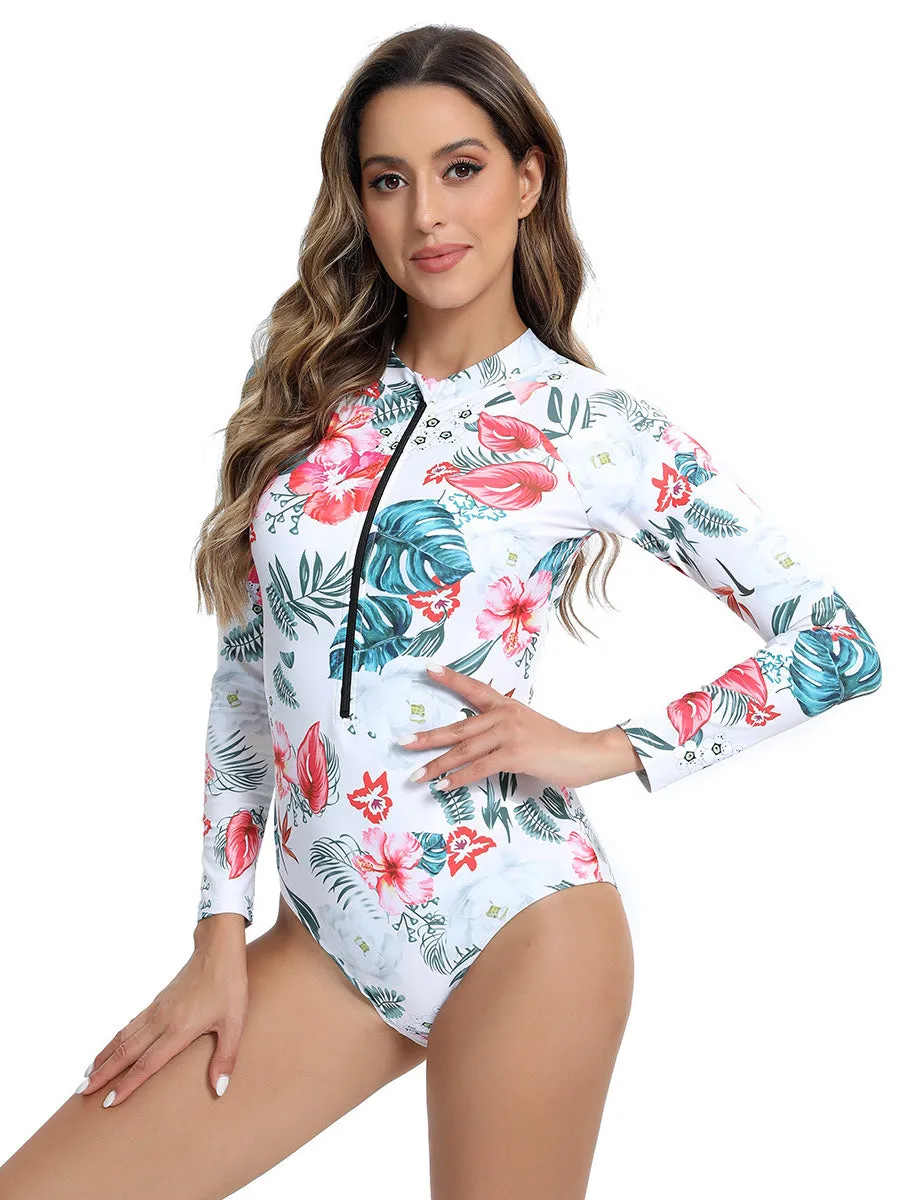 Floral print one-piece zippered long-sleeve swimsuit UPF50  Rash Guard