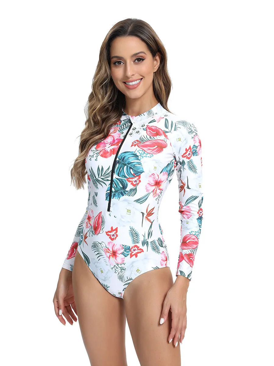 Floral print one-piece zippered long-sleeve swimsuit UPF50  Rash Guard