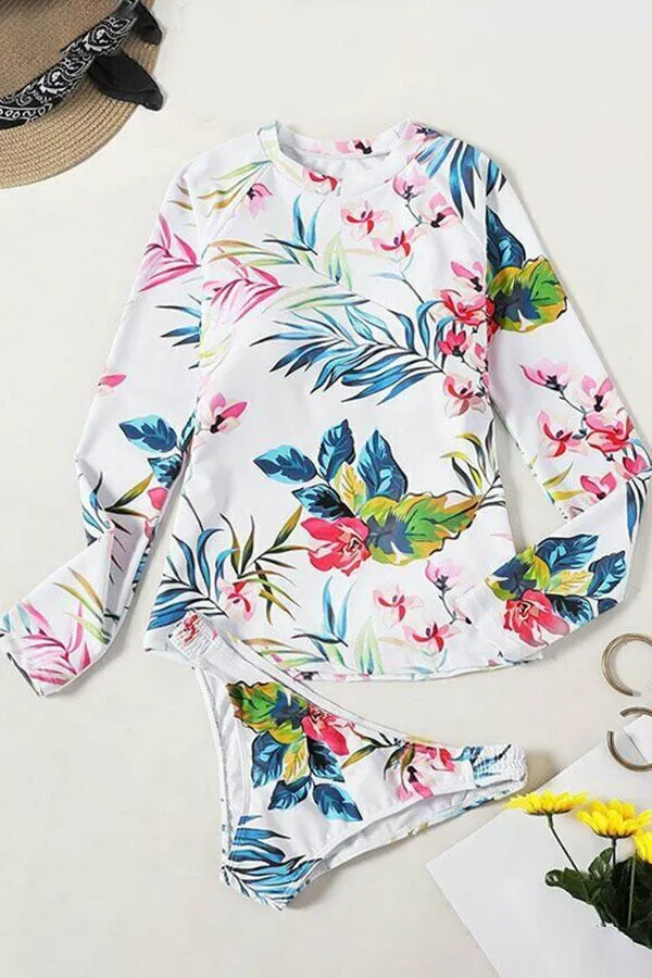 Floral Print Split Pullover Long Sleeve UPF50  Rash Guard