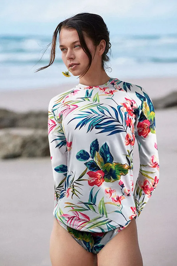 Floral Print Split Pullover Long Sleeve UPF50  Rash Guard