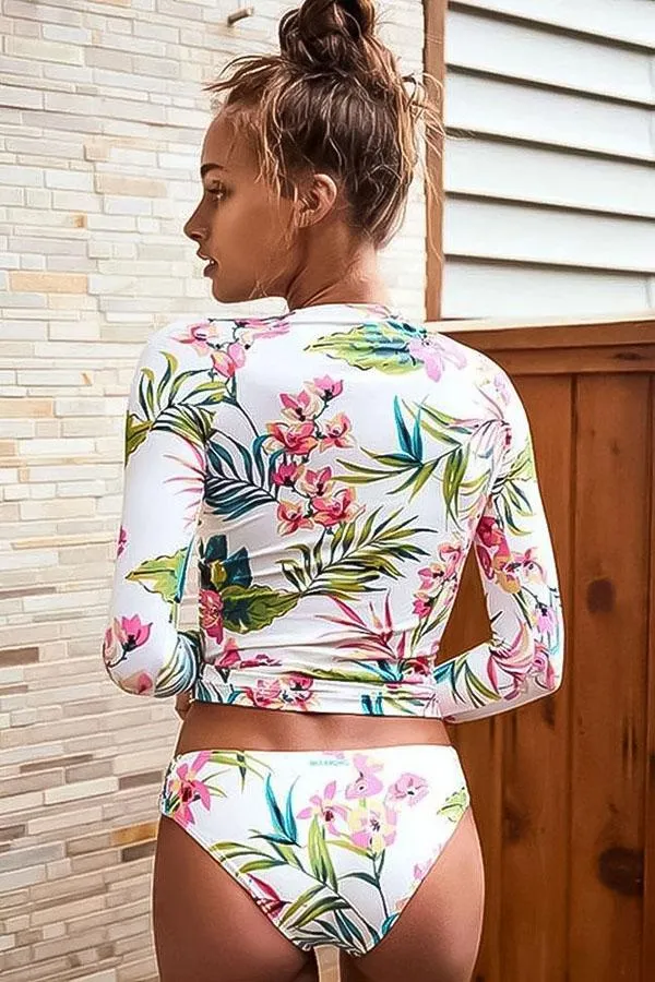 Floral Print Split Pullover Long Sleeve UPF50  Rash Guard