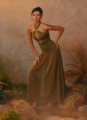 Cypress Kiss Maxi Dress - Khaki Snag-Resistant Quilted-Lining