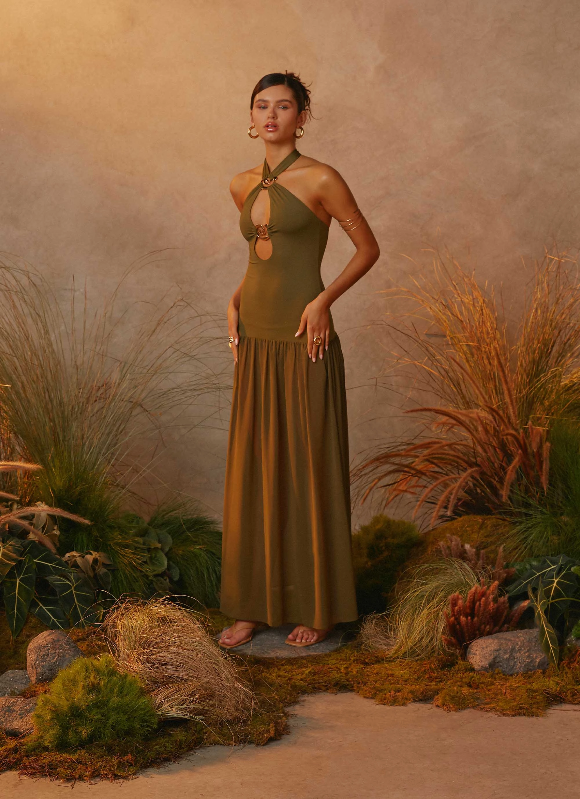 Puff-Sleeve Weekend Edge Cypress Kiss Maxi Dress - Khaki