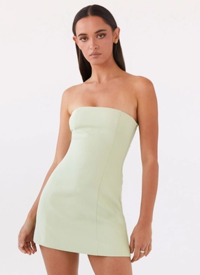 Ayanna Strapless Mini Dress - Green Zest Feminine fit-and-flare silhouette Gloss Accent