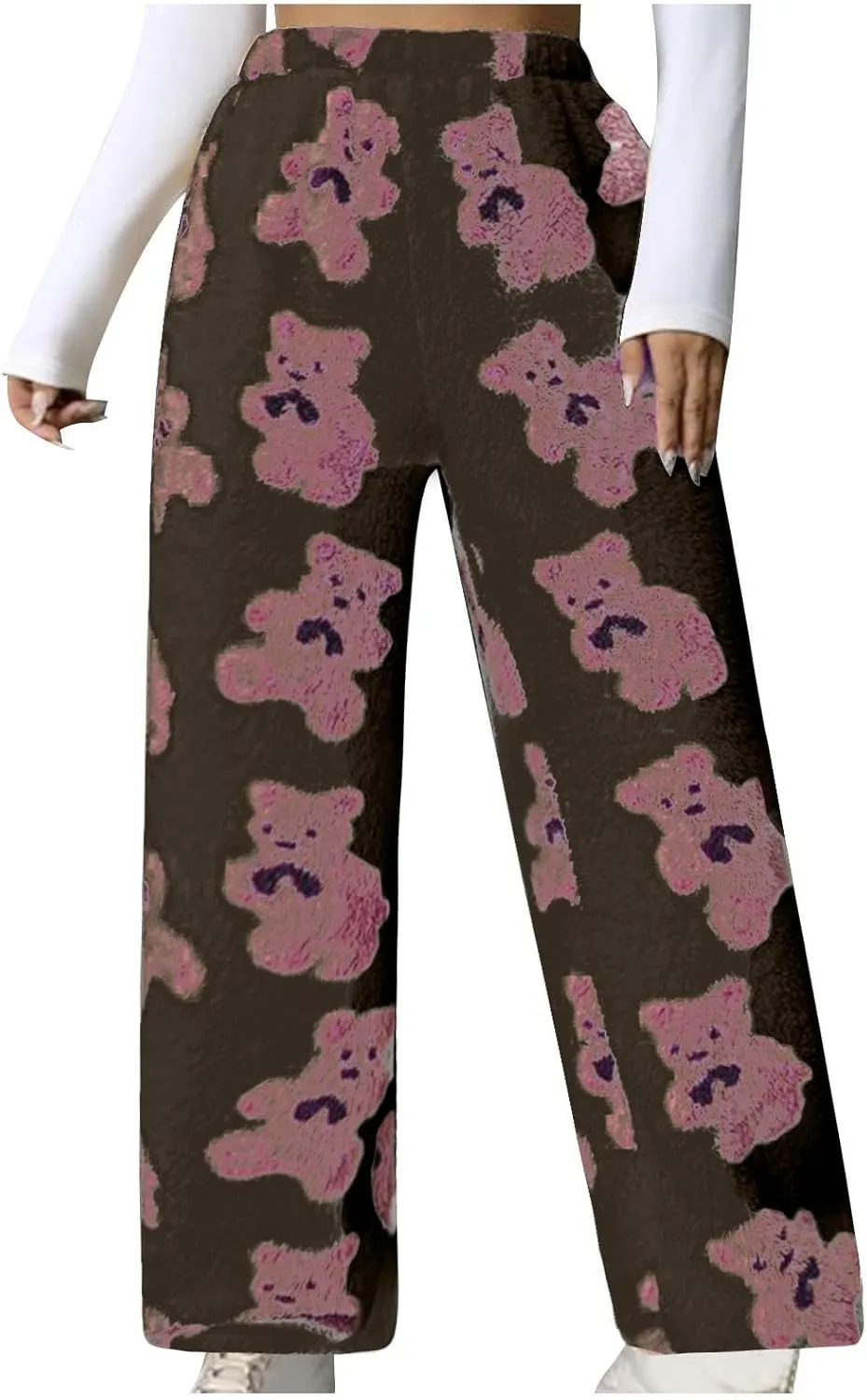 Fluffy Pants for Women Furry Pajamas Pants Cute Print Pj Bottoms Fleece Fuzzy Lounge Pants Comfy Warm Sleep Pants