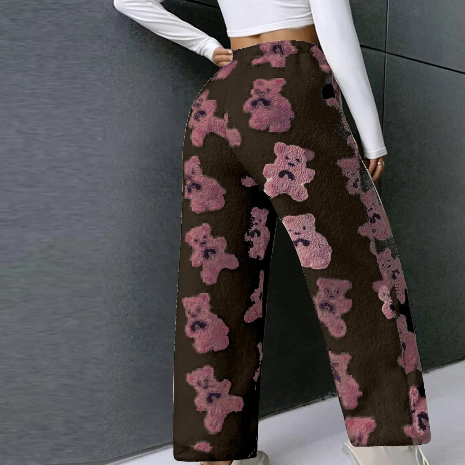 Fluffy Pants for Women Furry Pajamas Pants Cute Print Pj Bottoms Fleece Fuzzy Lounge Pants Comfy Warm Sleep Pants